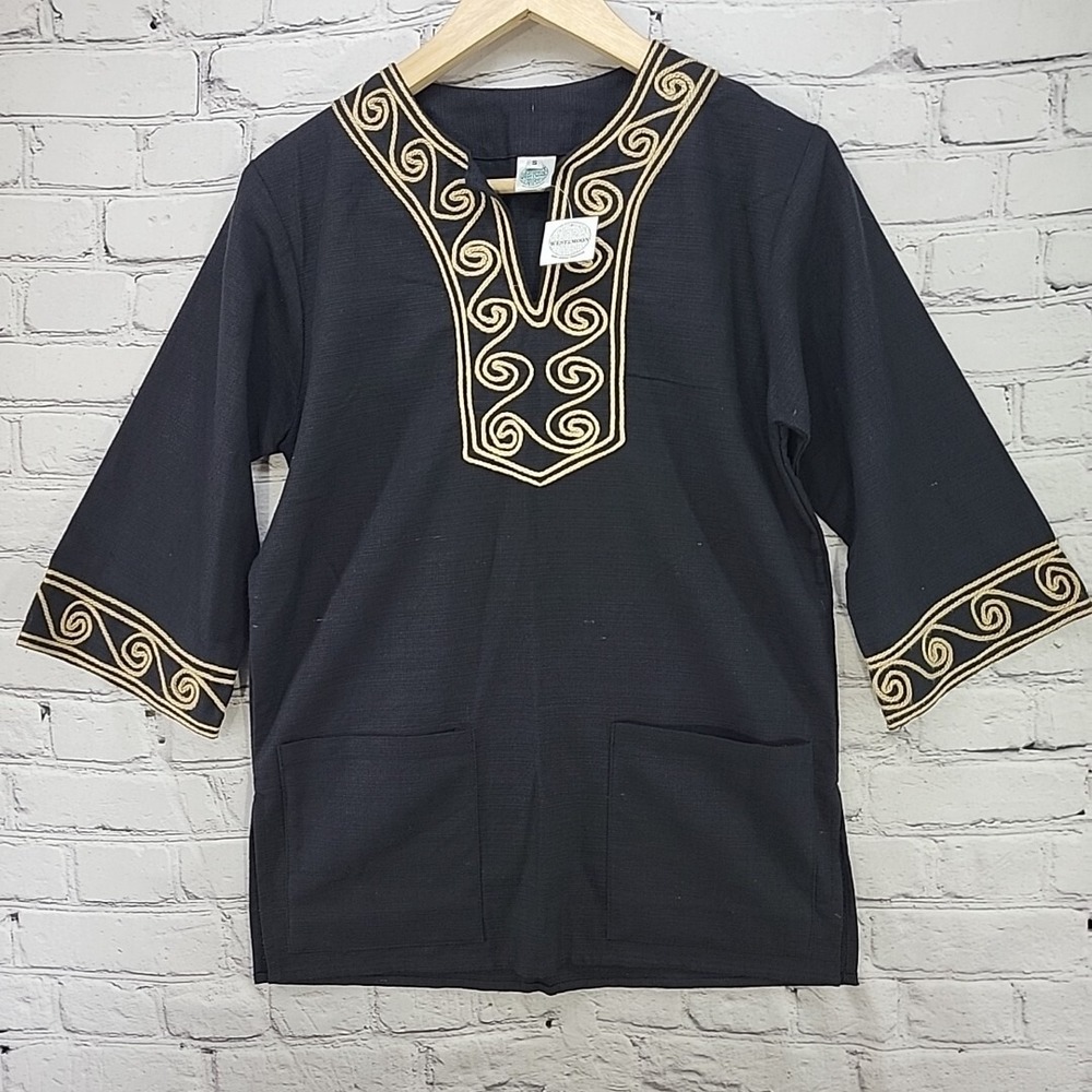 West Moon Top Kaftan Womens Sz S Small Black Gold Trim New With Tags‎